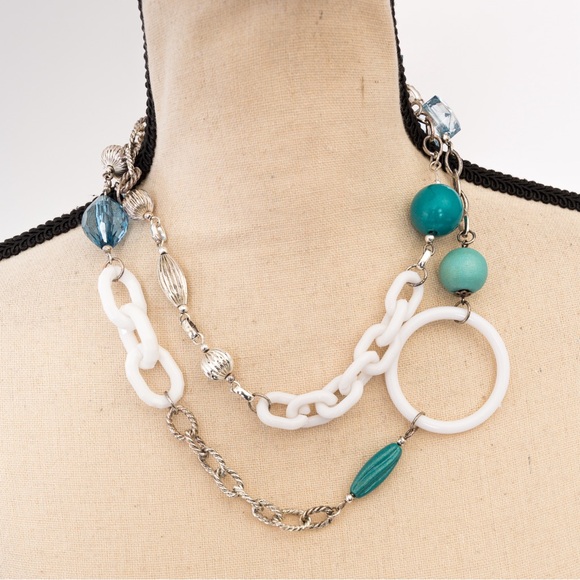 Longer length boho chic necklace various link styles & beads blue, white, silver - Picture 5 of 9